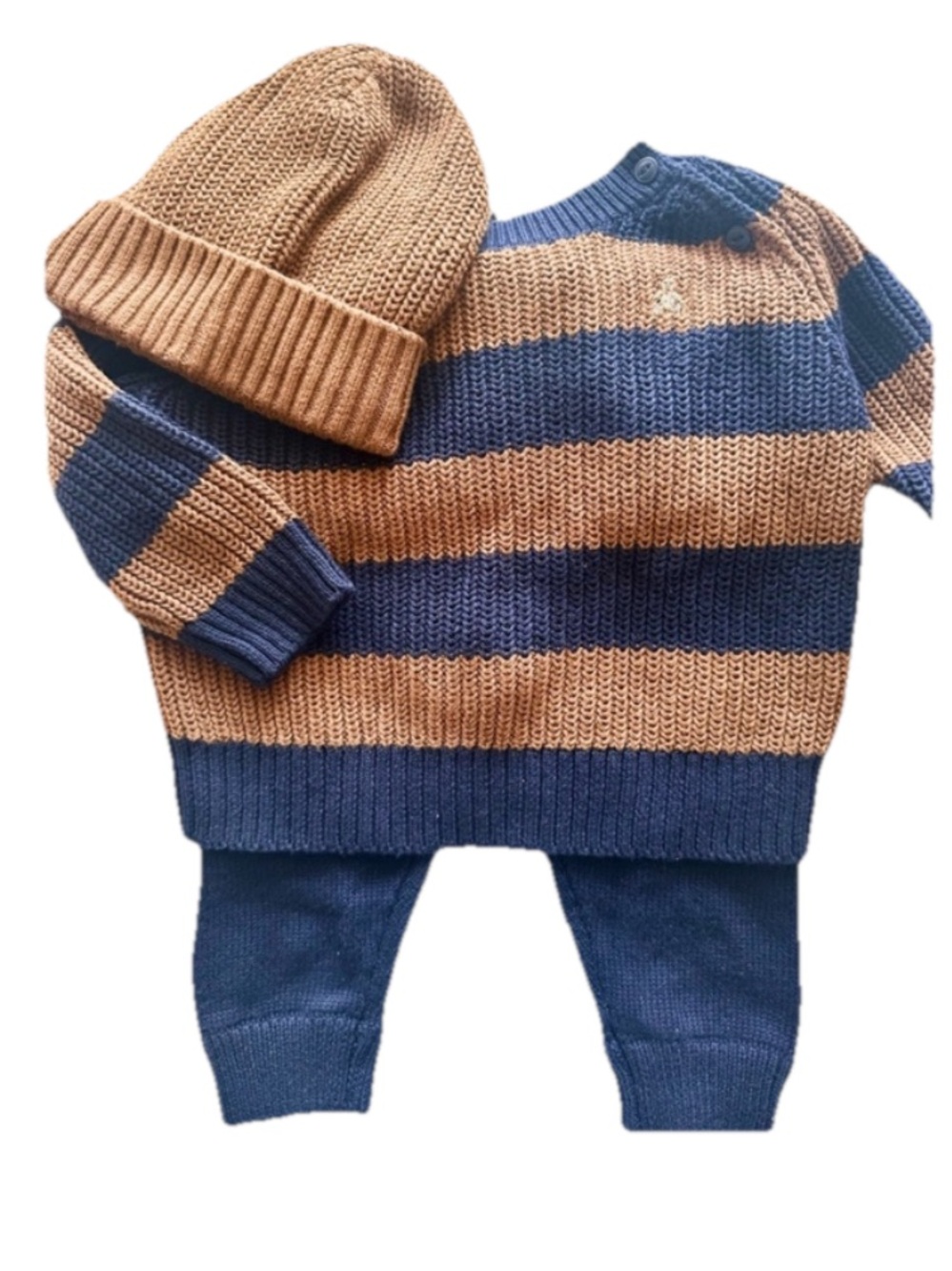 GAP Navy and Camel Striped Knit Sweater Set with Beanie